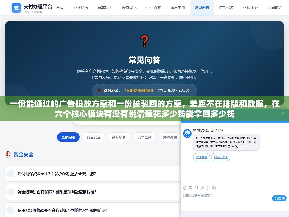 一份能通过的广告投放方案和一份被驳回的方案,差距不在排版和数据,在六个核心模块有没有说清楚花多少钱能拿回多少钱 1 - 一份能通过的广告投放方案和一份被驳回的方案,差距不在排版和数据,在六个核心模块有没有说清楚花多少钱能拿回多少钱 - UC建站系统
