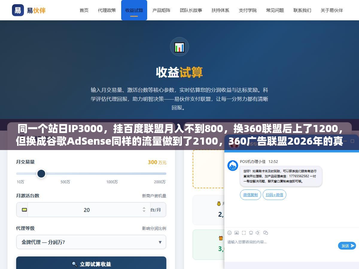 同一个站日IP3000，挂百度联盟月入不到800，换360联盟后上了1200，但换成谷歌AdSense同样的流量做到了2100，360广告联盟2026年的真实分成比例、审核门槛和三类广告形式收益差距，站长挂广告之前先算清楚这六笔账