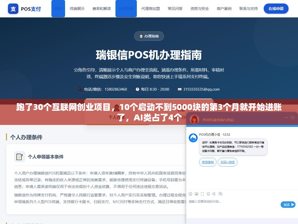 跑了30个互联网创业项目，10个启动不到5000块的第3个月就开始进账了，AI类占了4个