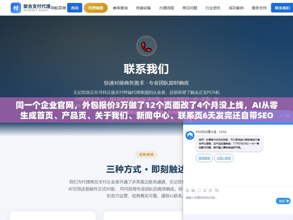 同一个企业官网，外包报价3万做了12个页面改了4个月没上线，AI从零生成首页、产品页、关于我们、新闻中心、联系页6天发完还自带SEO